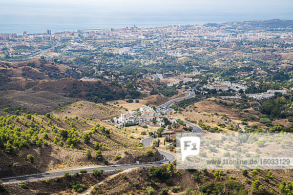 The view towards Fuengirola  the Costa del Sol and Mediterranean sea from Mijas Pueblo  Andalusia  Spain  Europe