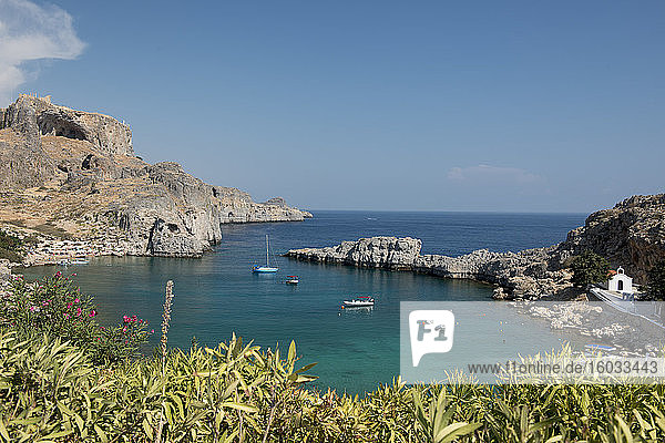 View of St. Pauls Bay  Lindos  Rhodes  Dodecanese  Greek Islands  Greece  Europe