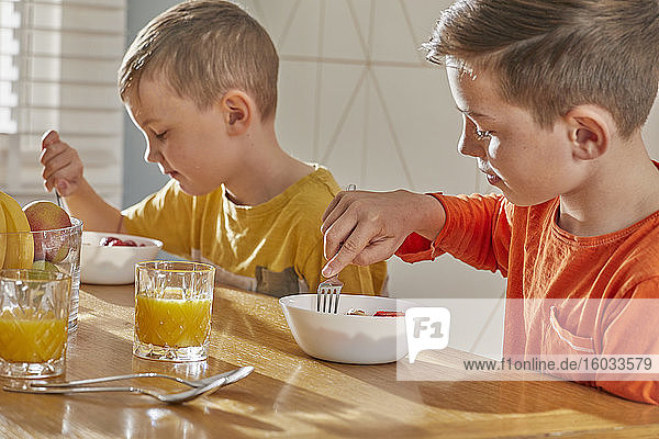 Two boys sitting at kitchen table  eating breakfast.