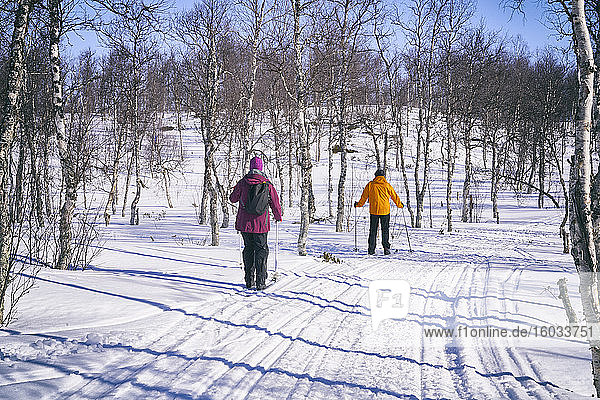 Couple cross-country skiing in Vasterbottens Lan  Sweden.