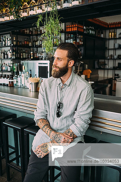 Portrait of bearded young man with brown hair  with tattoos on arms  wearing grey shirt  sitting at a bar counter.