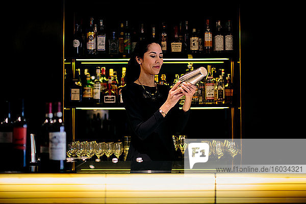 Junge Bardame bei der Cocktailzubereitung in der Cocktailbar eines Boutique-Hotels