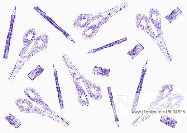 Violette Scheren  Radiergummis und Bleistifte auf weißem Hintergrund