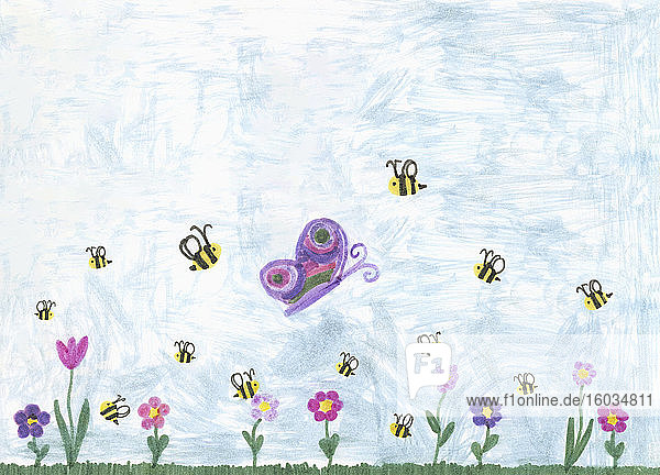 Kinder  die Hummeln und Schmetterlinge über Frühlingsblumen zeichnen
