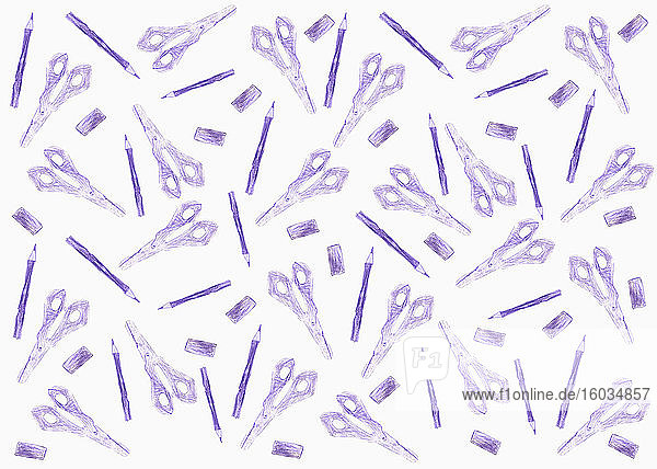 Winzige violette Scheren  Radiergummis und Bleistifte auf weißem Hintergrund