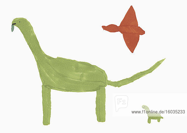 Kinder  die grüne und rote Dinosaurier zeichnen