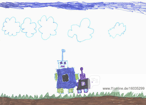 Kinder zeichnen anthropomorphe Roboter unter bewölktem Himmel