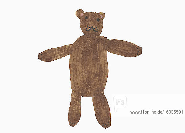 Kinder zeichnen niedlichen braunen Teddybär auf weißem Hintergrund