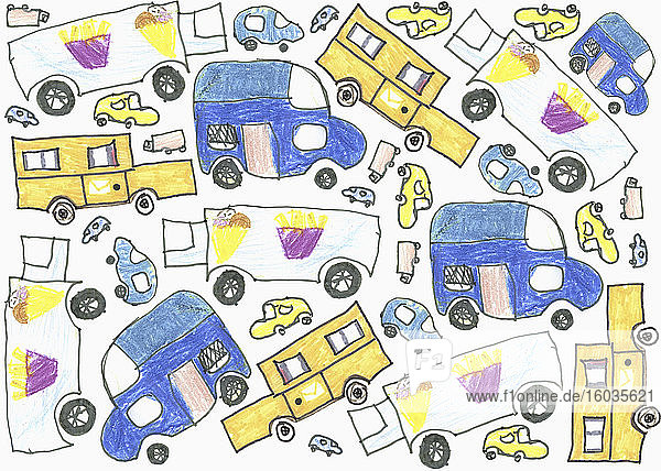 Kinder zeichnen Lieferwagenmuster auf weißem Hintergrund