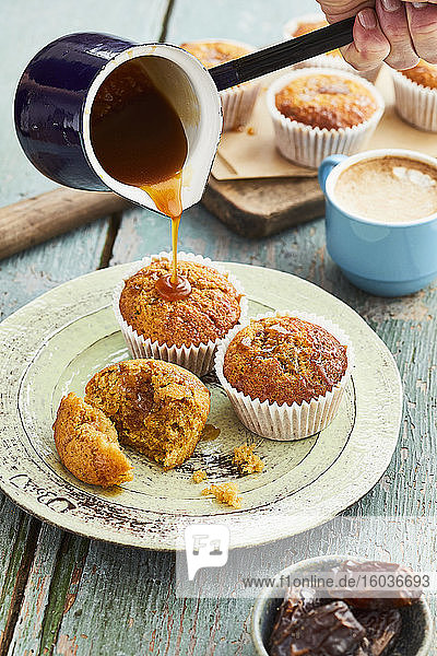 Coffee and date muffins with salted caramel topping