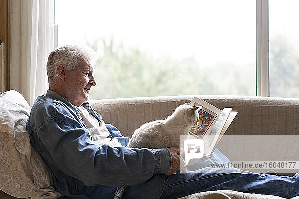 Senior man reading book while sitting with cat on sofa by window at home