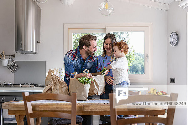 Happy family with groceries bag at dining table in kitchen