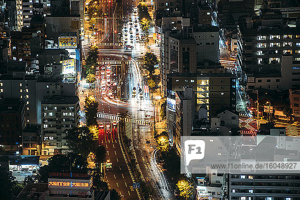 Japan  Osaka Prefecture  Osaka  Aerial view of city traffic at night