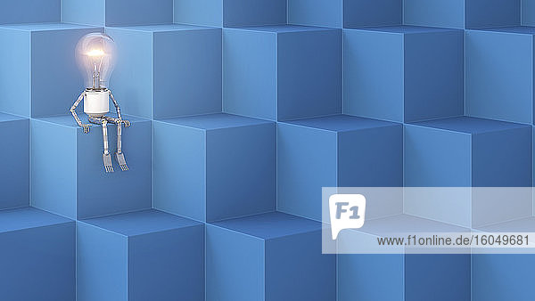 Dreidimensionales Rendering einer humanoiden Glühbirne  die auf Würfeln sitzt