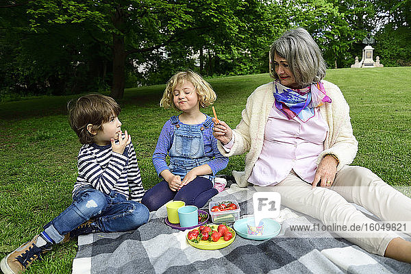 Großmutter genießt Picknick mit Enkelkindern im öffentlichen Park