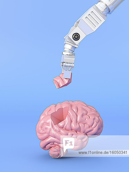 Dreidimensionale Darstellung eines Roboterarms  der ein menschliches Gehirn zusammensetzt