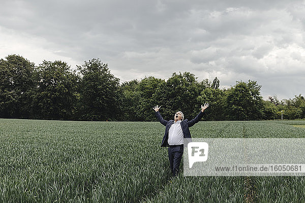 Senior businessman standing on a field in the countryside with raised arms