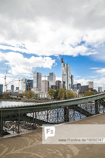 Germany  Frankfurt  Downtown skyscrapers seen from bridge on Main river