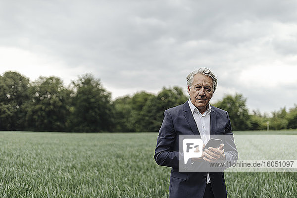 Portrait of senior businessman holding smartphone on a field in the countryside