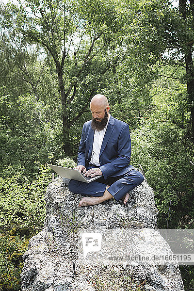 Glatzköpfiger bärtiger Geschäftsmann arbeitet an einem Laptop  während er auf einem Felsen vor Bäumen im Wald sitzt