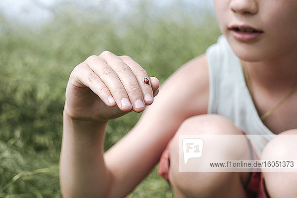 Ausschnittansicht eines Jungen in der Natur mit Marienkäfer am Finger