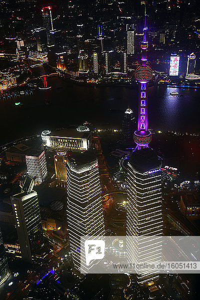 China  Shanghai  Aerial view of Lujiazui at night