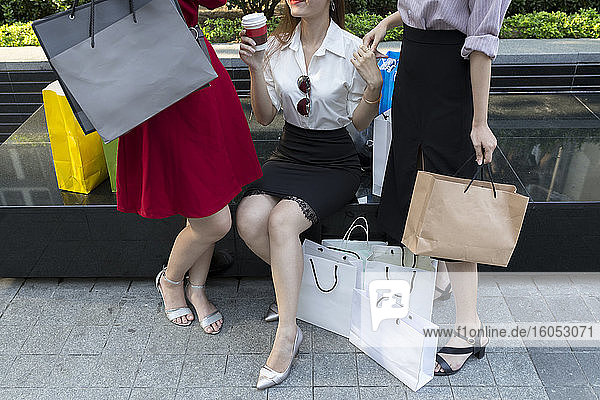 Niedriger Ausschnitt von Freundinnen mit Einkaufstaschen in der Stadt