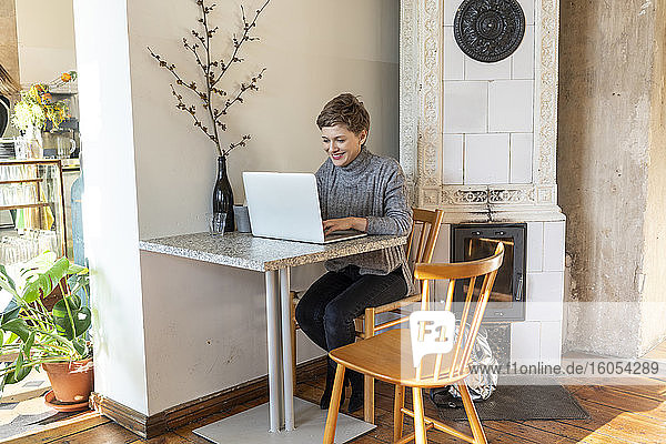 Lächelnde schöne Frau  die einen Laptop benutzt  während sie im Café sitzt