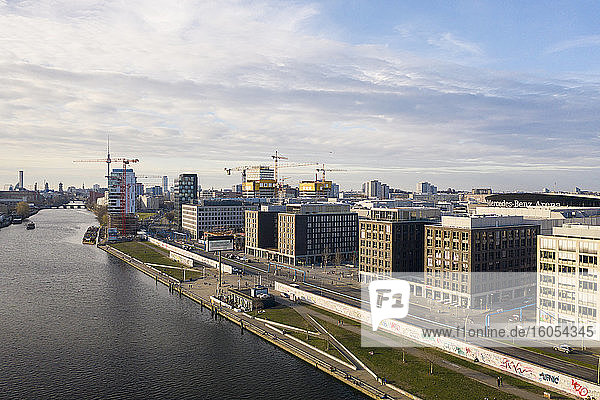 Germany  Berlin  Aerial view of Spree river canal and Berlin Ostbahnhof area