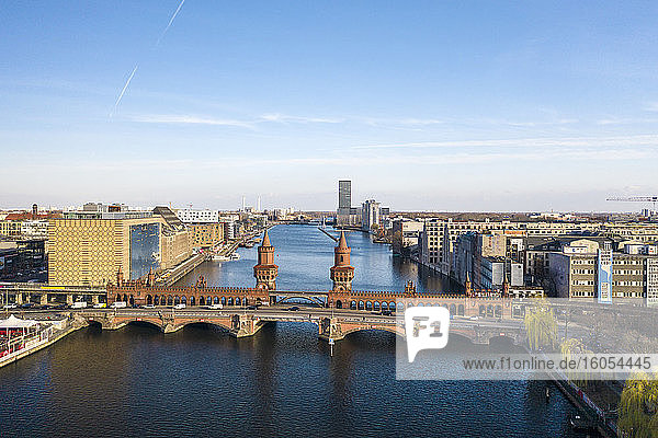Germany  Berlin  Aerial view of Oberbaum Bridge and river Spree canal
