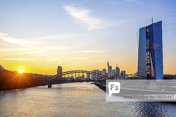 Germany  Hesse  Frankfurt  Bridge in front of European Central Bank at sunset