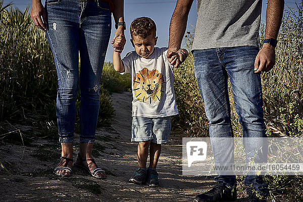 Sohn hält Eltern an den Händen  während er auf einem Weg inmitten von Pflanzen auf einem Bauernhof steht