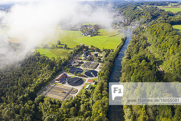 Germany  Bavaria  Wolfratshausen  Drone view of countryside sewage treatment plant