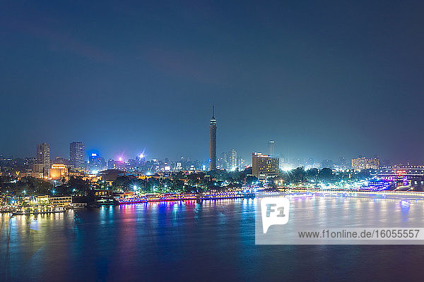 Egypt  Cairo  Nile with Cairo Tower on Gezira Island at night