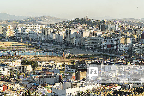 Morocco  Tanger-Tetouan-Al Hoceima  Tangier  Harbor and residential buildings of coastal city