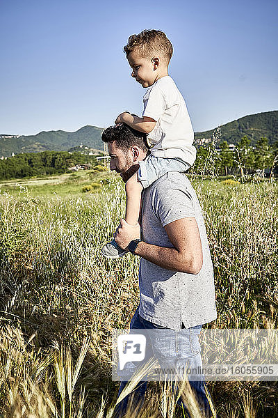 Vater trägt Sohn auf den Schultern beim Spaziergang inmitten von Pflanzen gegen den klaren Himmel an einem sonnigen Tag