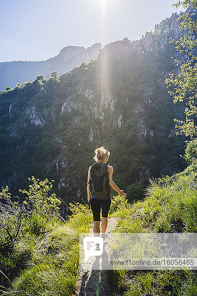 Woman with backpack hiking on mountain trail during sunny day  Lecco  Italy