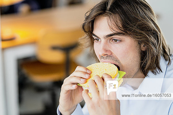 Nahaufnahme eines Geschäftsmannes  der einen Schwammtuch-Burger in einem Café isst