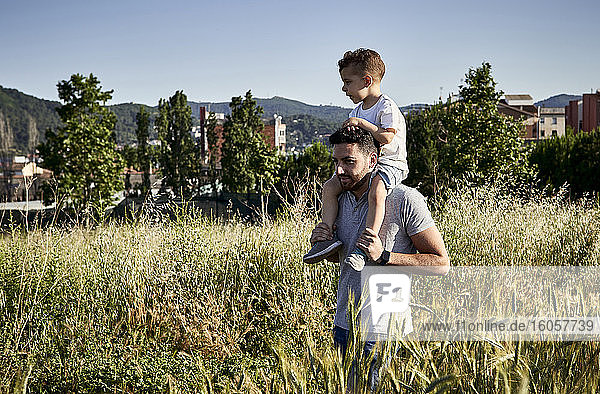 Vater trägt Sohn auf den Schultern beim Spaziergang inmitten von Pflanzen gegen den klaren Himmel