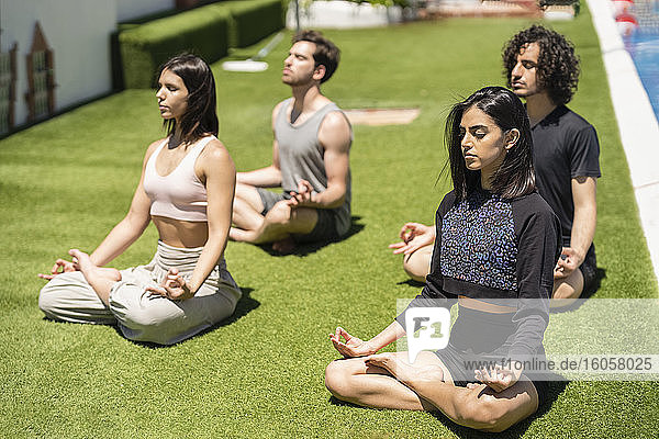 Junge Mala und weibliche Freunde meditieren während sie Yoga auf dem Rasen im Hinterhof bei sonnigem Wetter üben