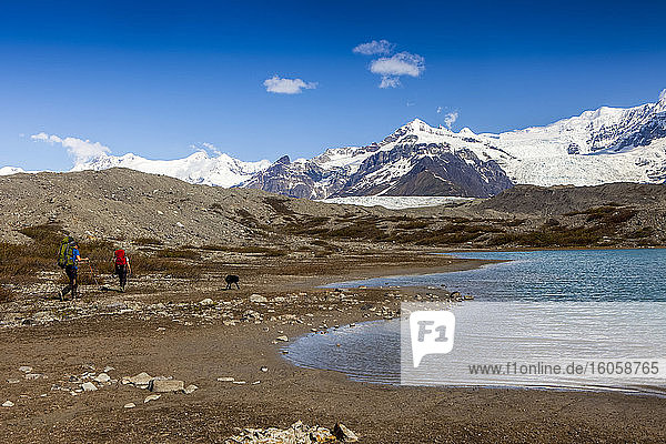Couple and their dog backpacking on sunny  summer day past one of the glacial Donoho Lakes  heading towards the Kennicott Glacier and moraine  Wrangell Mountains  Wrangell-St. Elias National Park  South-central Alaska; Alaska  United States of America