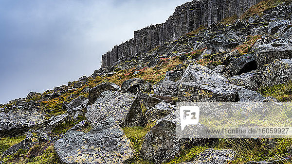 Gerduberg ist eine Klippe aus Dolerit  einem grobkörnigen Basaltgestein  auf der westlichen Halbinsel Snaefellsnes; Eyja- og Miklaholtshreppur  Westliche Region  Island
