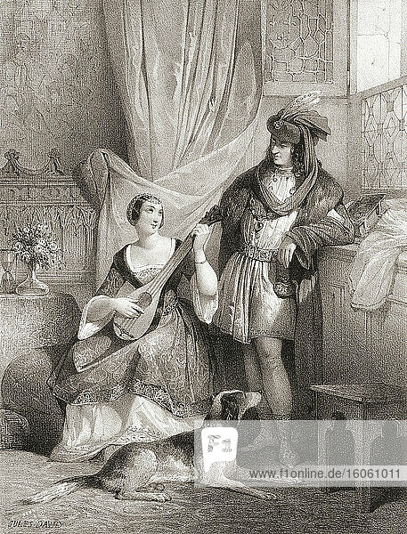König Karl VII. von Frankreich mit seiner obersten Mätresse Agnes Sorel. Nach einem Werk von Jules David aus dem 19.