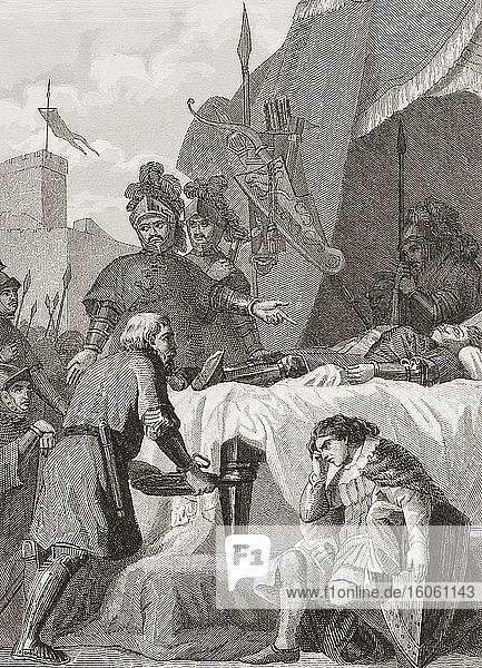Der Tod von Rodrigo Díaz de Vivar  ca. 1043 - 1099. Den Christen war er als El Campeador oder der Meister bekannt. Die Muslime kannten ihn als El Cid  den Herrn. Aus Las Glorias Nacionales  veröffentlicht in Madrid und Barcelona  1852.