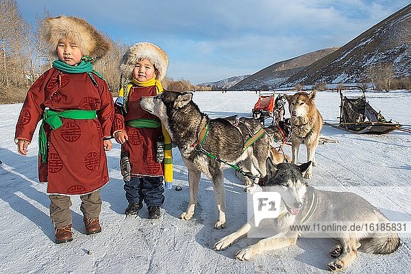 Children with huskies in front of dog sled  Terelj  Tuv aimag  Mongolia  Asia