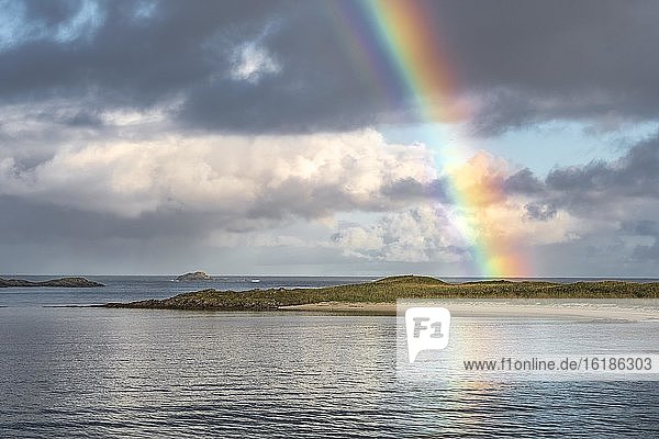 Bunter Regenbogen über dem Meer  Lofoten  Nordland  Norwegen  Europa