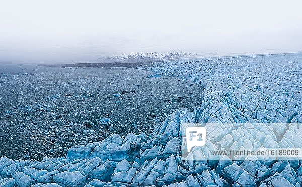 Panoramic view of glacier lagoon and glacier wall  Vatnajökull Glacier  Iceland  Europe