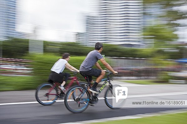 Cyclists on the bicycle path on Balboa Avenue  Panama City  Panama  Central America