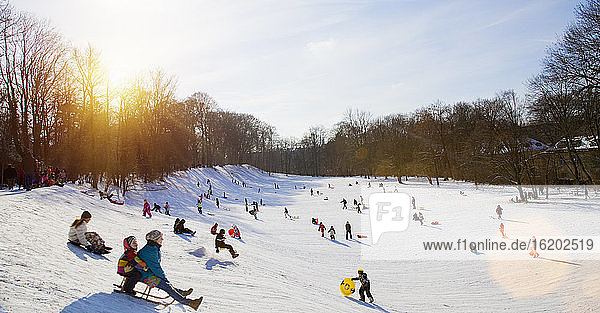 Children playing in snow  Munich  Bavaria  Germany