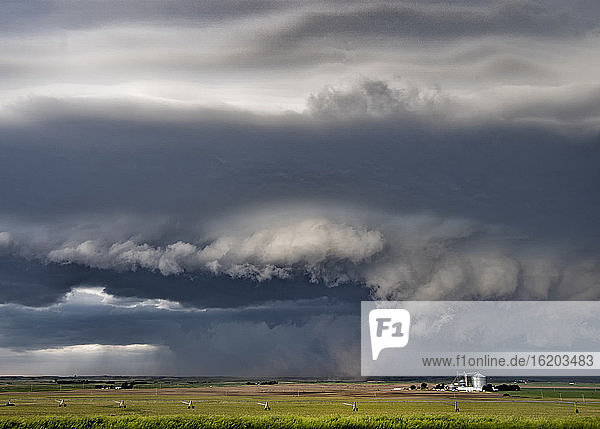 Dunkle und helle Wandwolken drehen sich unter einer Tornado-Superzelle  die Staub in die Aufwind-Basis wirbelt.